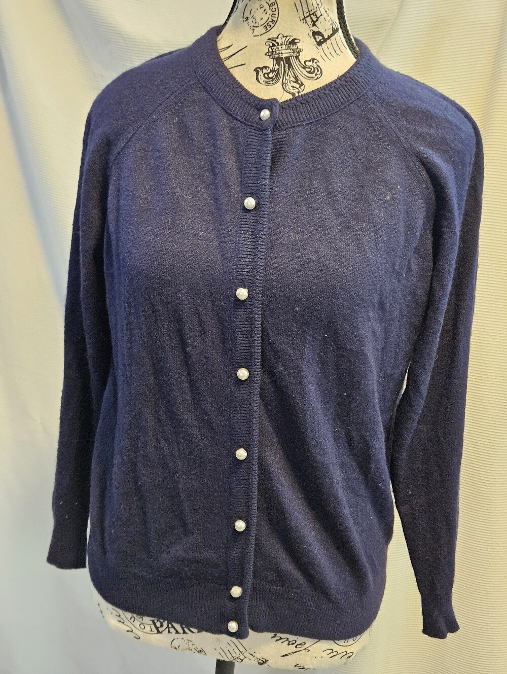 Vintage Designers Originals Luxelon Cardigan Sweater Pearl Buttons Navy Blue L